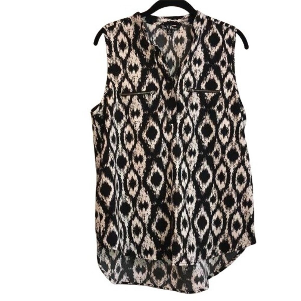 Time To Bloom Womens Sleeveless Black & White Ikat Print Blouse Top M
